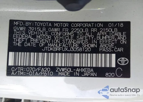 2018 Toyota Prius Two из США, поврежденный, VIN JTDKBRFUXJ3058120